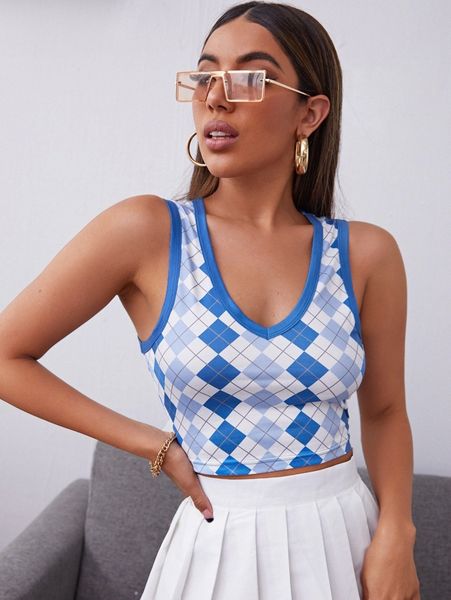 argyle print crop tank x4b8#, White