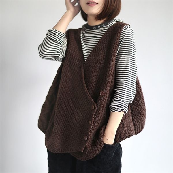johnature women vintage knitted vests coats spring new solid color button casual women cloths loose vests chinese style 201031, Black;white
johnature women vintage knitted vests coats spring new solid color button casual women cloths loose vests chinese style 201031, Black;white
