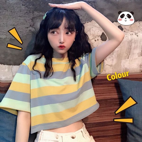 summer 2020 new korean loose rainbow stripe coat t-shirt short sleeve t-shirt for female students short open navel sejro, White
summer 2020 new korean loose rainbow stripe coat t-shirt short sleeve t-shirt for female students short open navel sejro, White
