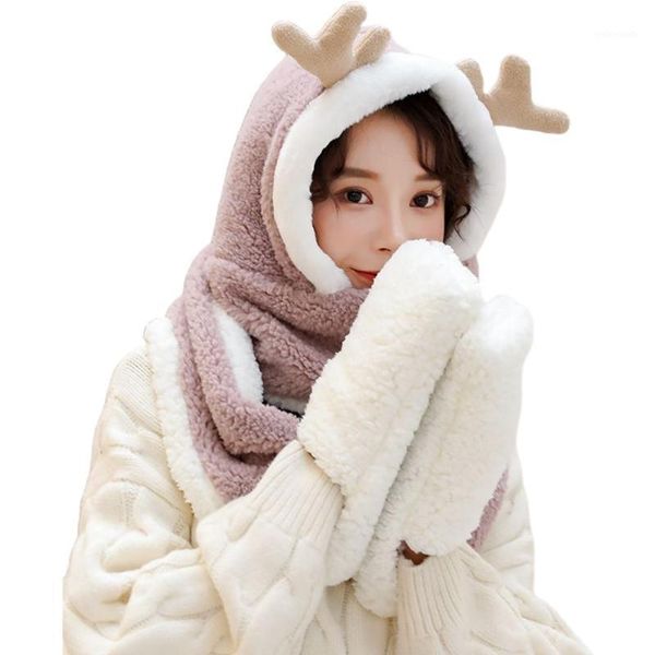 women winter warm reindeer antler 3 in 1 plush hoodie hat with long scarf gloves n58f1, Blue;gray
women winter warm reindeer antler 3 in 1 plush hoodie hat with long scarf gloves n58f1, Blue;gray