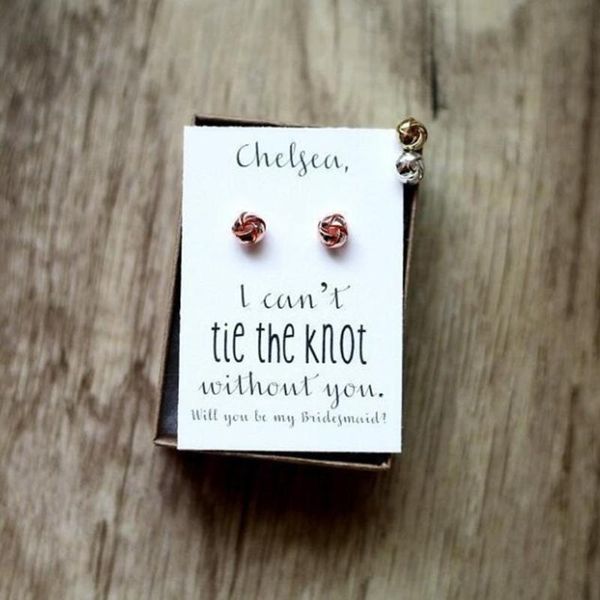 personalize i can't tie the knot without you, we can't, bridesmaid proposal, rose gold knot earring wedding proposal gifts
personalize i can't tie the knot without you, we can't, bridesmaid proposal, rose gold knot earring wedding proposal gifts