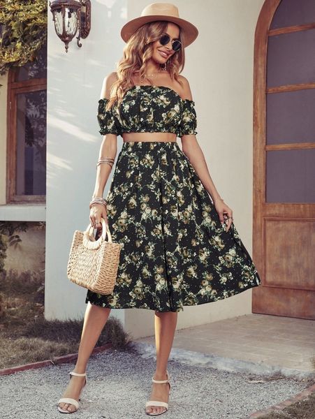 polka dot & floral print off shoulder crop & skirt h5ld#, White