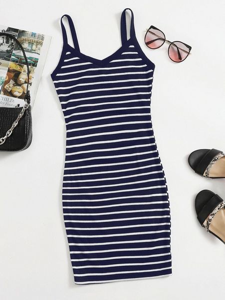 striped rib-knit bodycon dress o1by#, Black;gray
