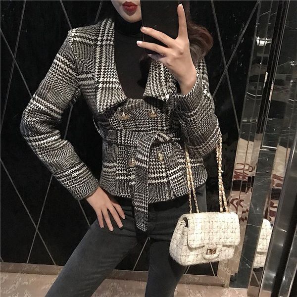 plaid notched collar women tweed blazer double breasted pockets tassel hem female loose casual outwear chic, White;black
plaid notched collar women tweed blazer double breasted pockets tassel hem female loose casual outwear chic, White;black