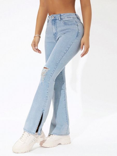 petite high waisted split hem flare leg jeans j5j9#, Blue 
petite high waisted split hem flare leg jeans j5j9#, Blue
