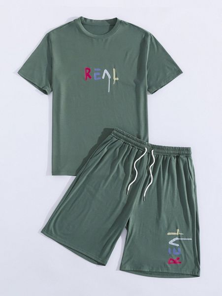 men letter graphic tee & drawstring waist shorts 09rh#, Gray 
men letter graphic tee & drawstring waist shorts 09rh#, Gray