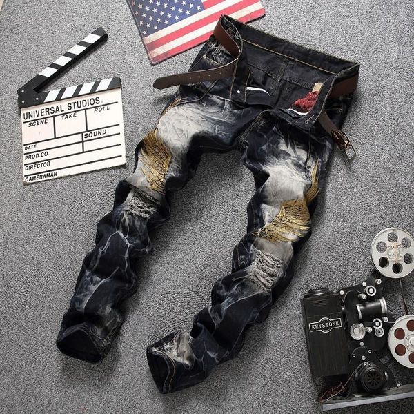 2021 spring men's ripped embroidered stretch jeans trendy holes straight denim trouers personalized embroidered wing, Blue
2021 spring men's ripped embroidered stretch jeans trendy holes straight denim trouers personalized embroidered wing, Blue