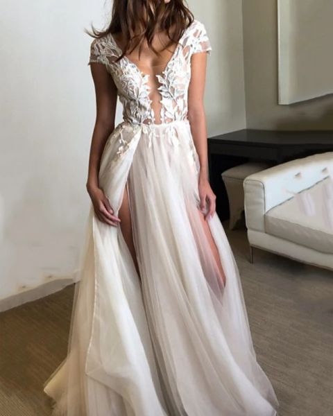 a-line wedding dresses v neck floor length lace tulle short sleeve beach with split front, White
a-line wedding dresses v neck floor length lace tulle short sleeve beach with split front, White