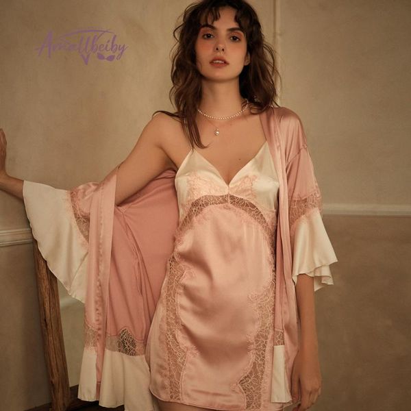 women's sleepwear spring pajamas female sweet temptation sling silk nightgown hollow lace bathrobe women wedding robe with belt, Black;red
women's sleepwear spring pajamas female sweet temptation sling silk nightgown hollow lace bathrobe women wedding robe with belt, Black;red