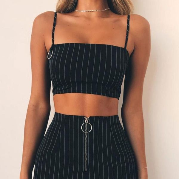 women's casual sleeveless striped vest spaghetti strap crop metal ring cami1, White