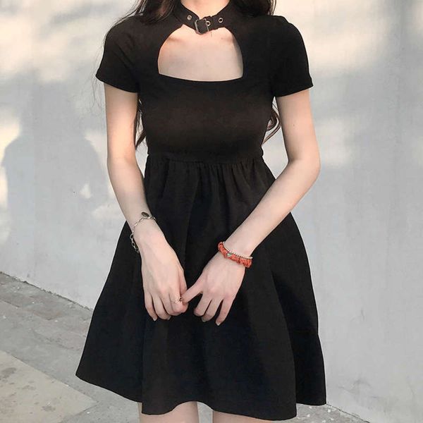 metal sense fashion 2020 button women's design hollow split splicing princess dress, Black;gray
metal sense fashion 2020 button women's design hollow split splicing princess dress, Black;gray