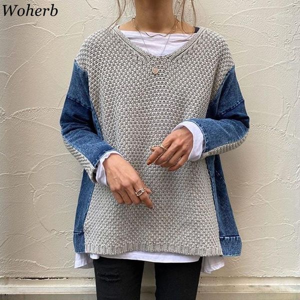 women's sweaters woherb autumn korean casual denim patchwork sweater pullovers loose v-neck contrast color female knitted jumper 1, White;black
women's sweaters woherb autumn korean casual denim patchwork sweater pullovers loose v-neck contrast color female knitted jumper 1, White;black