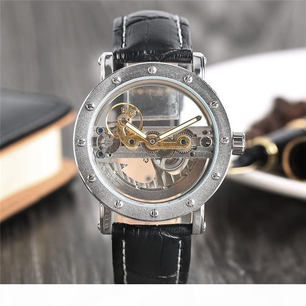 Luxury Hollow Automatic Mechanical Men Fashion Black Leather Wrist Watches Transparent Skeleton Business Casual Self Wind Clock