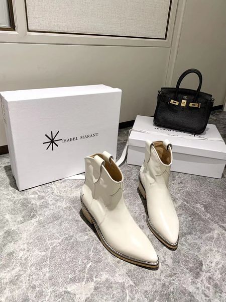 designer womens boots luxury white leather suture pointed head low heel with box size 35-40, Black