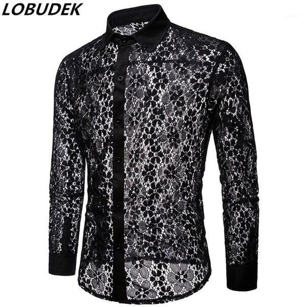 men's dress shirts black white long sleeve lace shirt bar nightclub male dj singer stage transparent lapel tuxedo see-through costume1, White;black
men's dress shirts black white long sleeve lace shirt bar nightclub male dj singer stage transparent lapel tuxedo see-through costume1, White;black