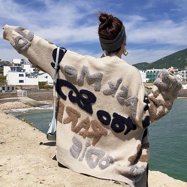 women spring autumn new loose and lazy sweater coat female middle and long letter thickened knitting cardigan fashion new1, White
women spring autumn new loose and lazy sweater coat female middle and long letter thickened knitting cardigan fashion new1, White