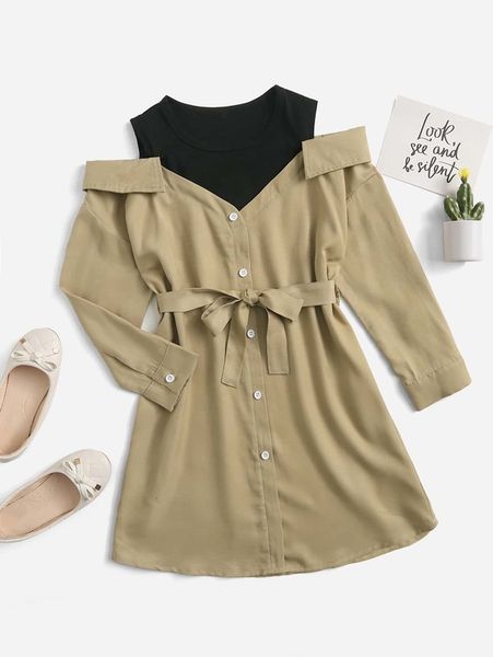 girls colorblock cold shoulder fake button belted 2 in 1 dress she, Red;yellow 
girls colorblock cold shoulder fake button belted 2 in 1 dress she, Red;yellow