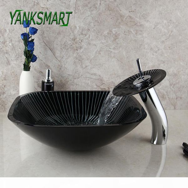 wholesale bathroom tempered square glass washbasin vessel sink stripe white & black waterfall faucet set with pop-up drain kit
wholesale bathroom tempered square glass washbasin vessel sink stripe white & black waterfall faucet set with pop-up drain kit