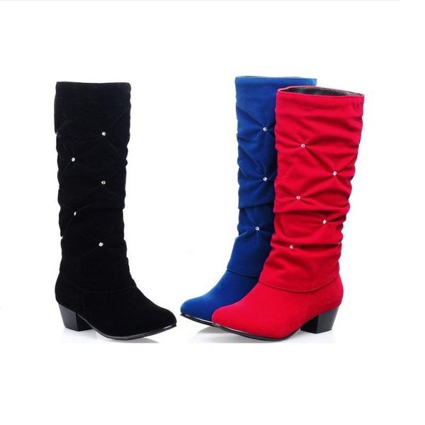 boots women mid calf autumn winter flock leather pleated ladies shoes rhinestone chunky heels platform vintage female, Black 
boots women mid calf autumn winter flock leather pleated ladies shoes rhinestone chunky heels platform vintage female, Black