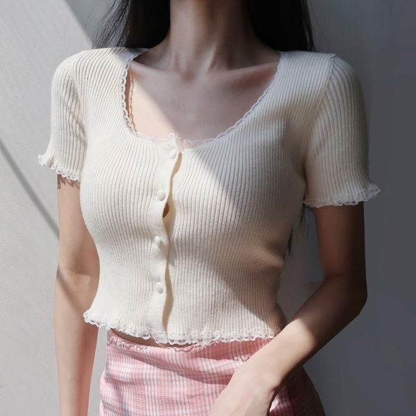 women sweater women button through ribbed crop knit with lace trimming drop shipping high quality, White;black
women sweater women button through ribbed crop knit with lace trimming drop shipping high quality, White;black