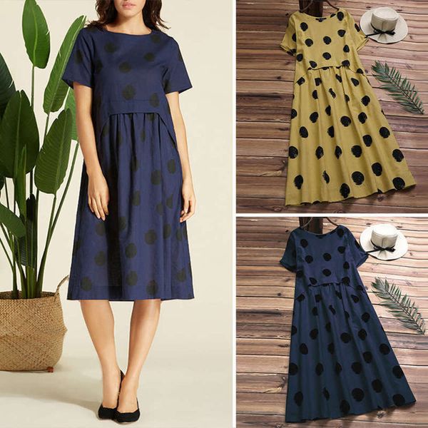 dot print crew neck short new sleeve dress in 2019, Black;gray
