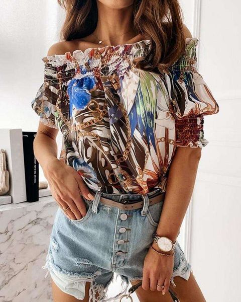with 2020 new casual elastic shirt ruffle sve one shoulder collar and chain printing, Black;gray
with 2020 new casual elastic shirt ruffle sve one shoulder collar and chain printing, Black;gray