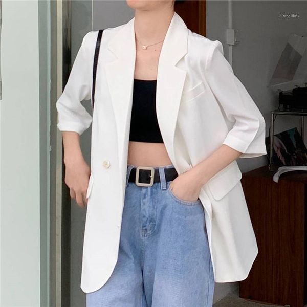 women's suits & blazers korean double breasted office ladies blazer three quarter sleeve loose solid suit coat jacket women female 2021, White;black
women's suits & blazers korean double breasted office ladies blazer three quarter sleeve loose solid suit coat jacket women female 2021, White;black