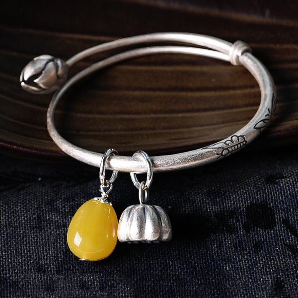 s990 plain silver art style retro bracelet with wax lotus pendant adjustable women's sterling silver bracelet, Black
s990 plain silver art style retro bracelet with wax lotus pendant adjustable women's sterling silver bracelet, Black