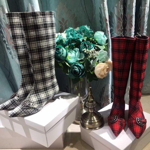 women shoes button crystal boots knee high pointed toe boots thin heels plaid med heels zapatos de mujer1, Black
women shoes button crystal boots knee high pointed toe boots thin heels plaid med heels zapatos de mujer1, Black
