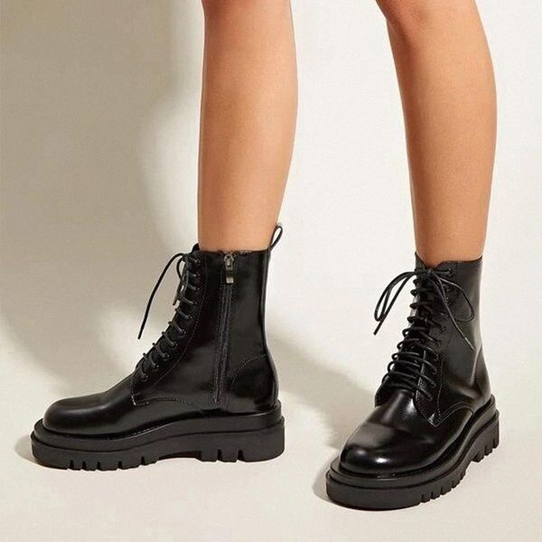 minimalist lace-up front combat boots women black ankle booties casual female autumn shoes leather heels footwear #012i