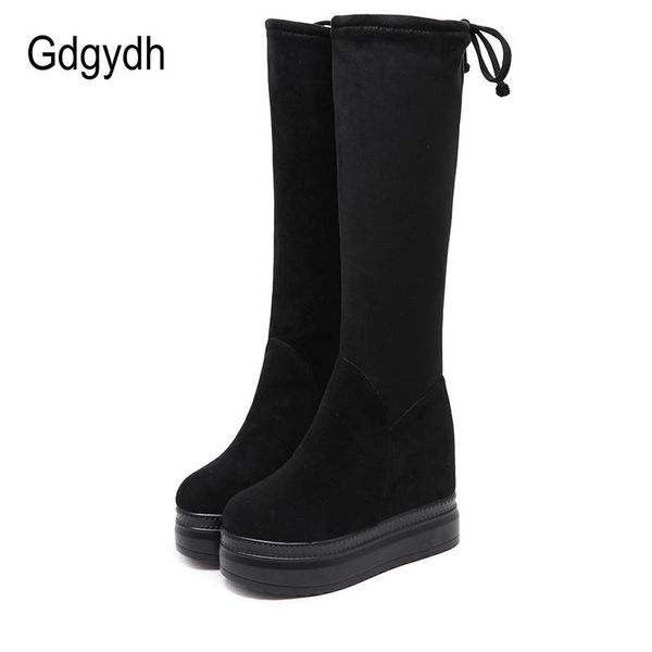 

gdgydh winter knee high boots for women fashion stretch wedges height increasing ladies suede lace up platform boots black retro