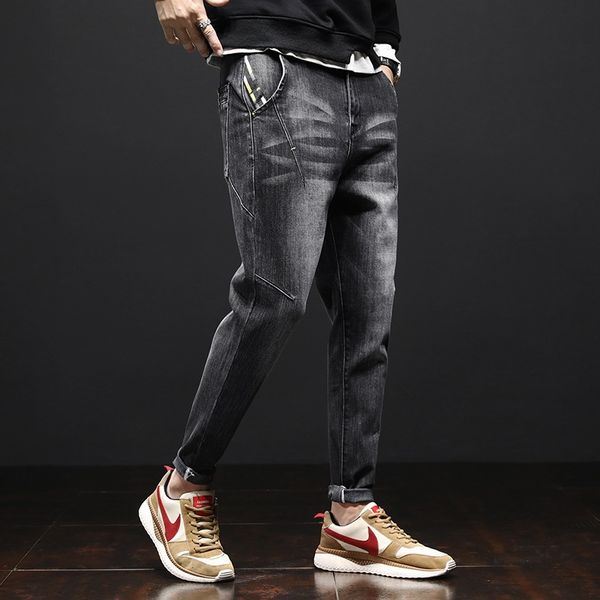 2020 autumn winter new jeans and jeans men's loose micro wide pants elastic slim straight pants young students r4tr1, Blue