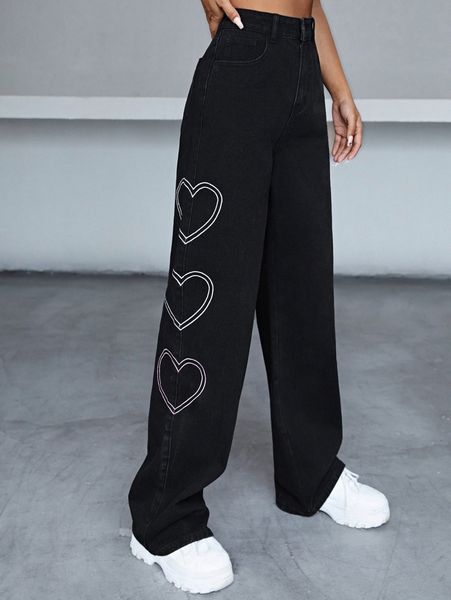 high waist heart print jeans v2th#, Blue 
high waist heart print jeans v2th#, Blue