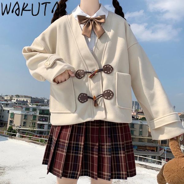 women's wool & blends wakuta soft girls coat japanese style long sleeve pockets chic horn button outerwear students overcoat autumn win, Black
women's wool & blends wakuta soft girls coat japanese style long sleeve pockets chic horn button outerwear students overcoat autumn win, Black