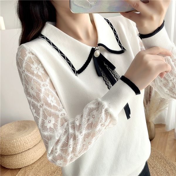 2020 autumn and winter knitted pullover pulloverlace pullovertemperament lace bow mesh long sleeve base shirt pullover sweater women's, White;black
2020 autumn and winter knitted pullover pulloverlace pullovertemperament lace bow mesh long sleeve base shirt pullover sweater women's, White;black