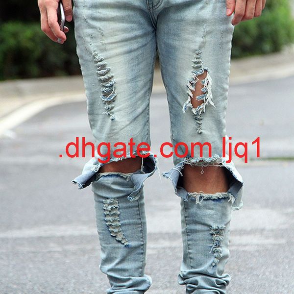 high street knee big hole jeans fashion men's elastic slim leggings quan zhilong gd same pants, Blue
high street knee big hole jeans fashion men's elastic slim leggings quan zhilong gd same pants, Blue