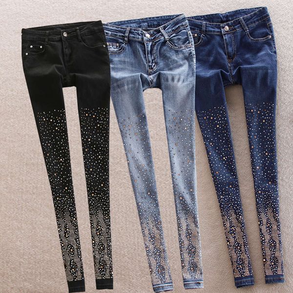 2020 new perforated jeans women's water leggings korean large slim drill pencil pants, Blue
2020 new perforated jeans women's water leggings korean large slim drill pencil pants, Blue