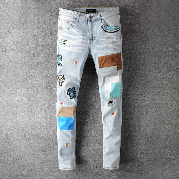 high street fashion men's jeans with holes light blue washed badge stitching street fashion hip hop slim pants men's pants, Black
high street fashion men's jeans with holes light blue washed badge stitching street fashion hip hop slim pants men's pants, Black