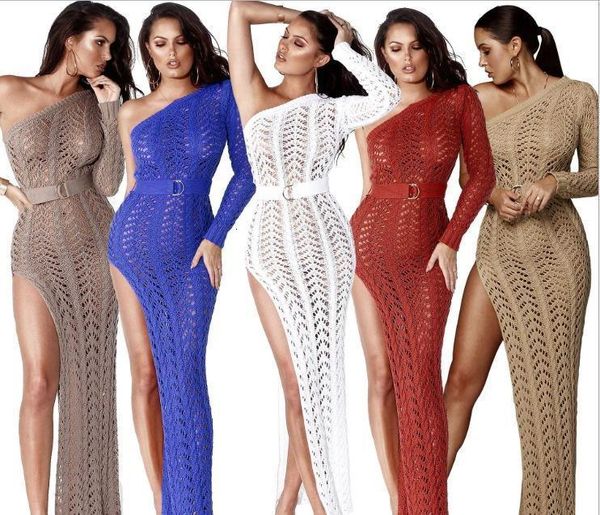high slit knitted dress one shoulder hollow out women crochet dresses long crocheted beach dress vestidos, Black;gray
high slit knitted dress one shoulder hollow out women crochet dresses long crocheted beach dress vestidos, Black;gray