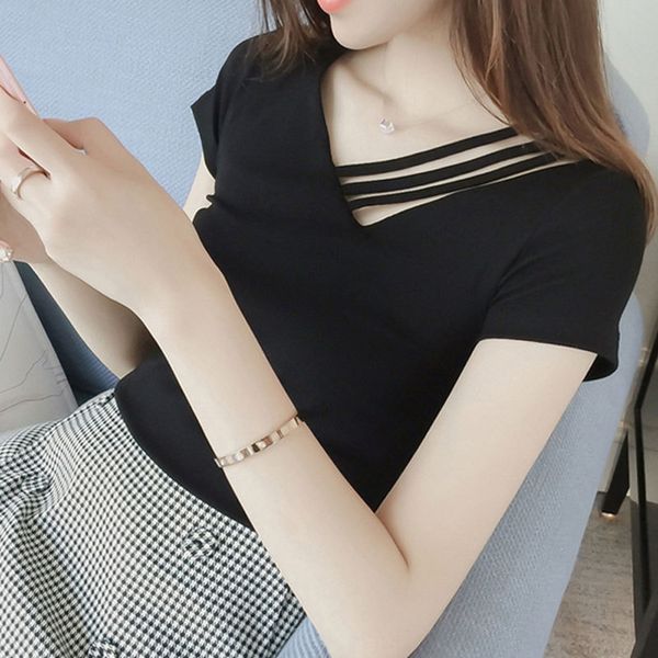 2020 summer new black one-line t-shirt shoulder v-neck short-sleeved t-shirt women's small heart machine clavicle design sense niche fa, White
2020 summer new black one-line t-shirt shoulder v-neck short-sleeved t-shirt women's small heart machine clavicle design sense niche fa, White
