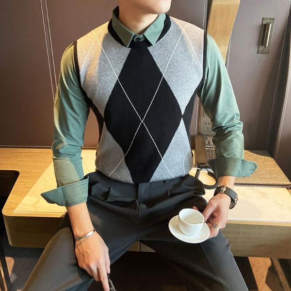 men's sweaters korean slim sweater fake two casual warm trend knitted men black green diamond lattice, White;black
men's sweaters korean slim sweater fake two casual warm trend knitted men black green diamond lattice, White;black