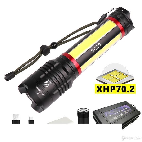 Led Flashlight Built-in 5000mah Lithium Battery With Xhp70.2 + Cob Led Super Bright Waterproof Camping Light
