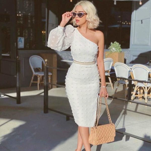 deat 2020 spring summer long puff sleeve one shoulder skew collar white long dress women mh4351, Black;gray
deat 2020 spring summer long puff sleeve one shoulder skew collar white long dress women mh4351, Black;gray