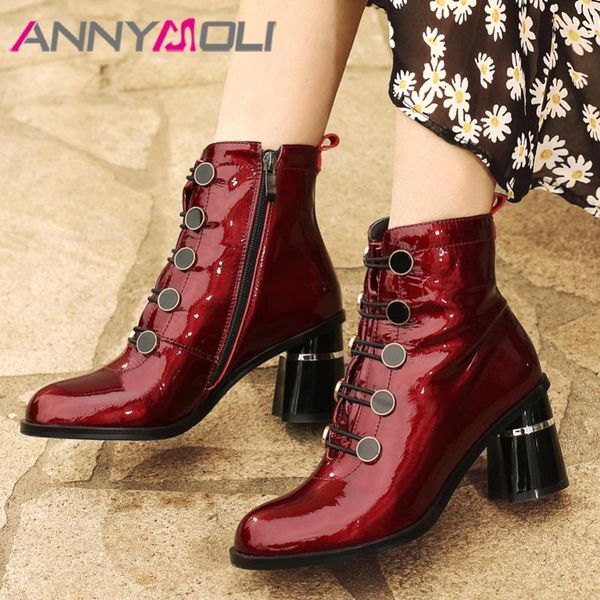 boots annymoli genuine leather high heel ankle women shoes button chunky heels zip lady short autumn winter wine red 42, Black 
boots annymoli genuine leather high heel ankle women shoes button chunky heels zip lady short autumn winter wine red 42, Black