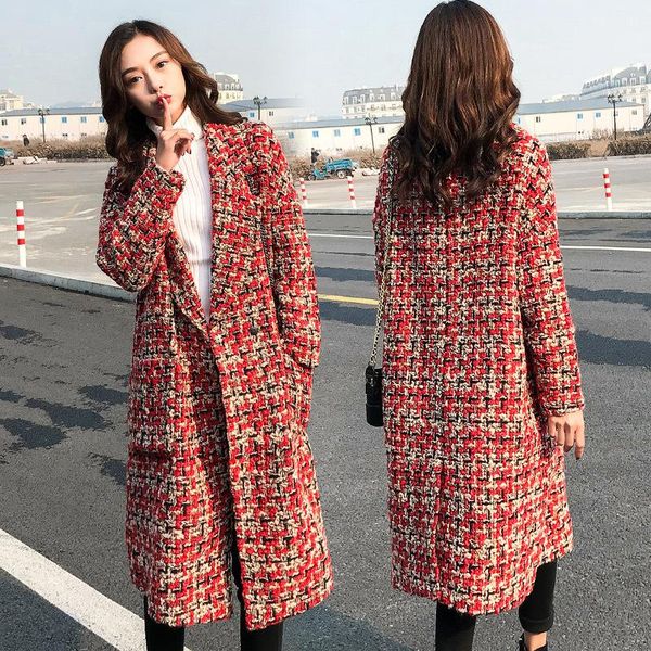 women's wool & blends woolen coat spring and autumn korean loose small fragrance long red plaid tweed, Black
women's wool & blends woolen coat spring and autumn korean loose small fragrance long red plaid tweed, Black