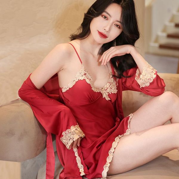 lace trim wedding robe women satin nighty&bathrobe set v-neck 2pcs sleepwear female kimono bath gown casual home wear kg-198, Black;red
lace trim wedding robe women satin nighty&bathrobe set v-neck 2pcs sleepwear female kimono bath gown casual home wear kg-198, Black;red
