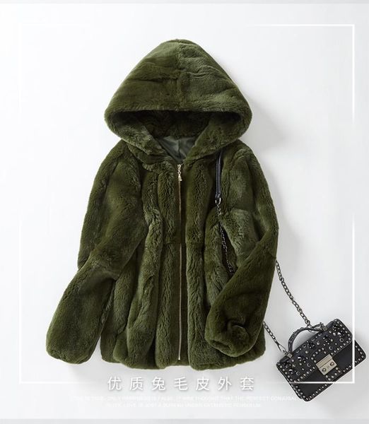 women's natural real rex fur coat hooded zipper1, Black