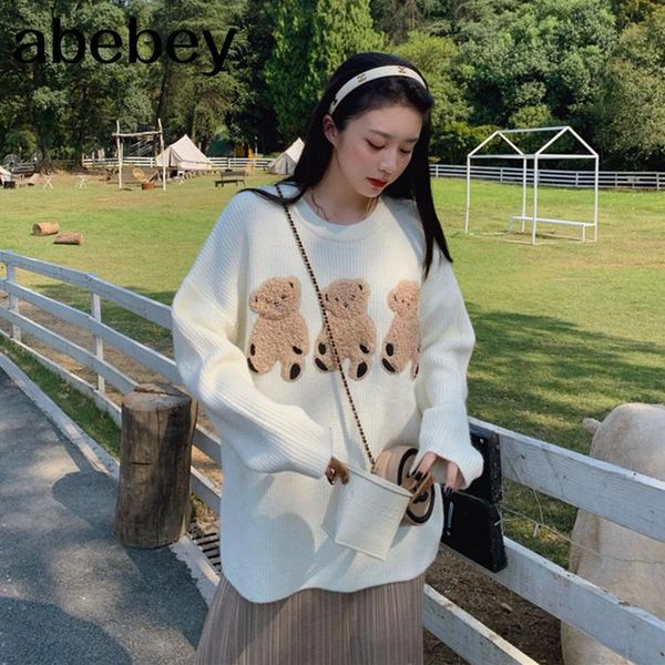 french autumn cartoon three cubs cute loose pullovers sweater female long sleeve knitting sweater women coat, White;black 
french autumn cartoon three cubs cute loose pullovers sweater female long sleeve knitting sweater women coat, White;black
