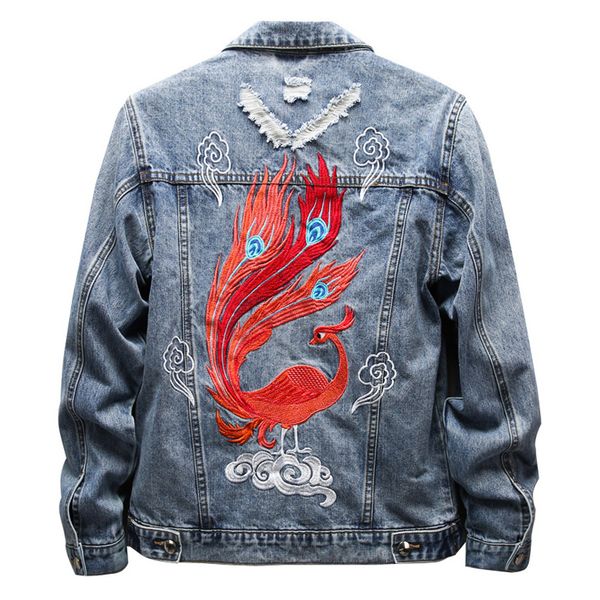 men's phoenix embroidery ripped jean jacket trendy streetwear holes denim coat turn down collar long sleeve outerwear, Blue
men's phoenix embroidery ripped jean jacket trendy streetwear holes denim coat turn down collar long sleeve outerwear, Blue