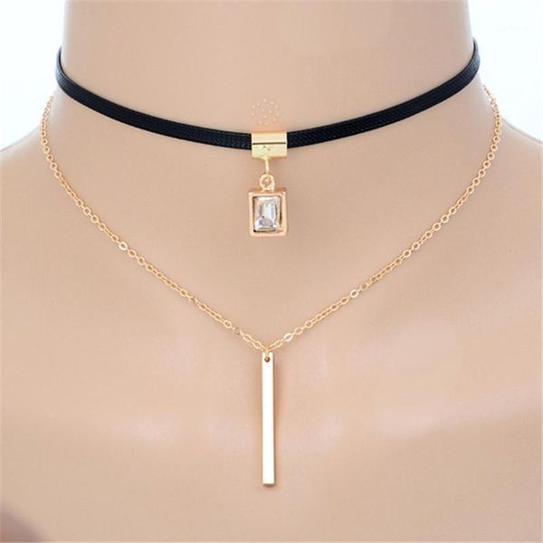 fashion trendy double layer chokers necklaces black faux leather choker collares bar square crystal pendant for women jewelry1, Golden;silver
fashion trendy double layer chokers necklaces black faux leather choker collares bar square crystal pendant for women jewelry1, Golden;silver